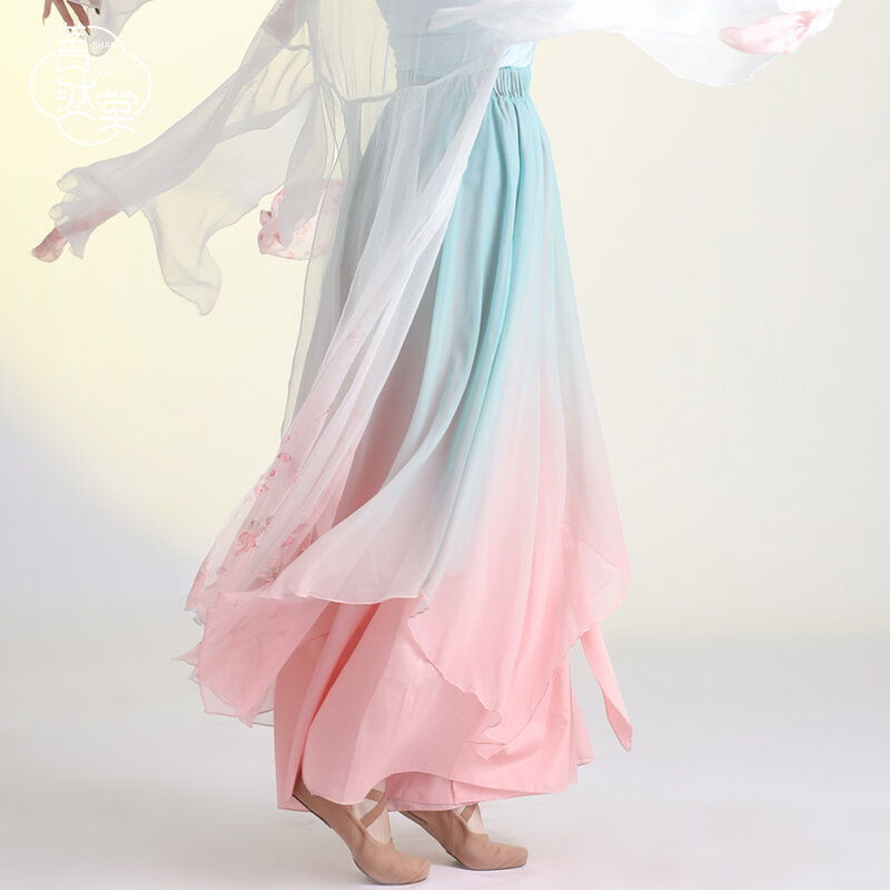 Moderne Hanfu Chinese Folk Klassieke Dans Rok Broek 2 Lagen Side Slit Flowy Culottes Fee Vrouwen Gradiënt Danser Kleding Roze