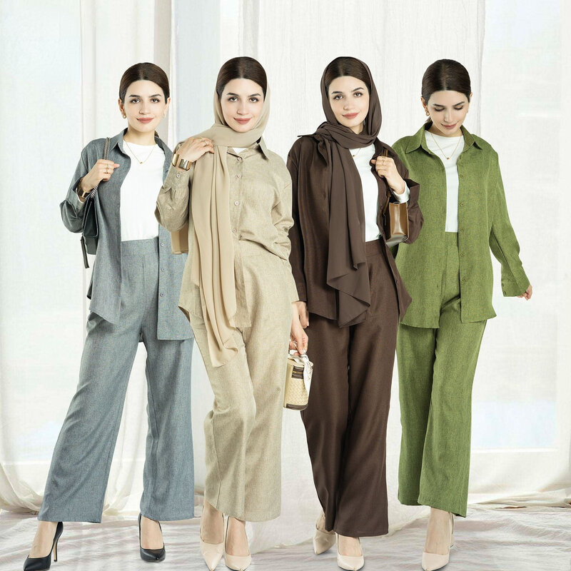 Set Muslim Warna Solid Kasual Dubai 2023 Atasan Timur Tengah untuk Celana Wanita Muslim Dua Potong Baju Mode Turki