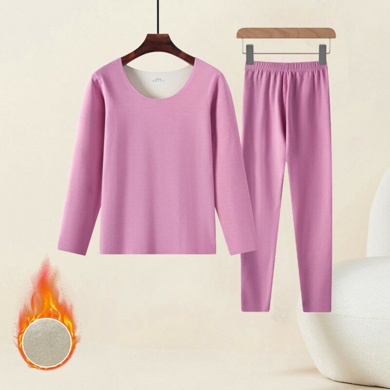 Set kemeja dan celana dalam wanita, Set baju dalam Double Velvet termal warna Solid bulu tetap hangat tebal