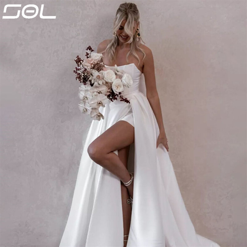 SOL-Mini vestidos de casamento femininos destacáveis, vestidos de noiva curtos, trem longo, colarinho colher, acima do joelho, elegantes
