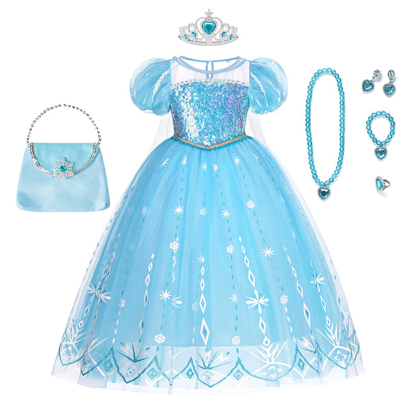 Robe de princesse Disney Frozen 2 pour filles, costume de cosplay de fête Elsa, robe de carnaval d'anniversaire imprimée Reine des neiges, vêtements de sac pour enfants