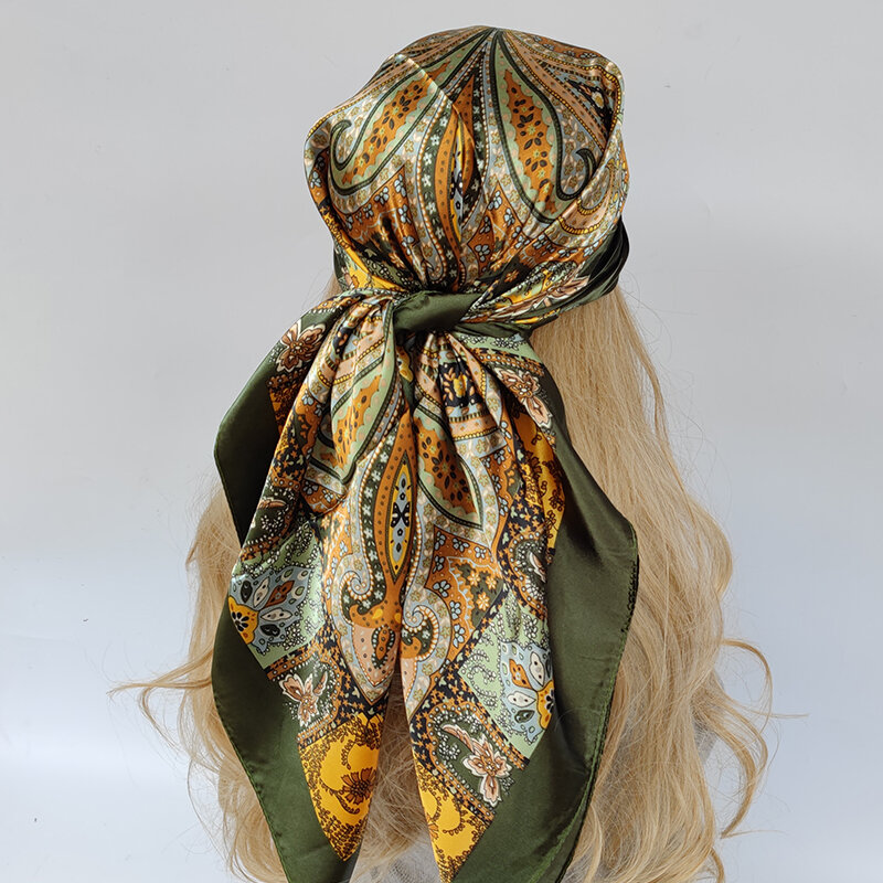 90*90cm fashion Vintage Flowers Square Scarf Women Silk Shawls Neckerchief Female Print Headband Head Wraps Foulard Hijab Hair
