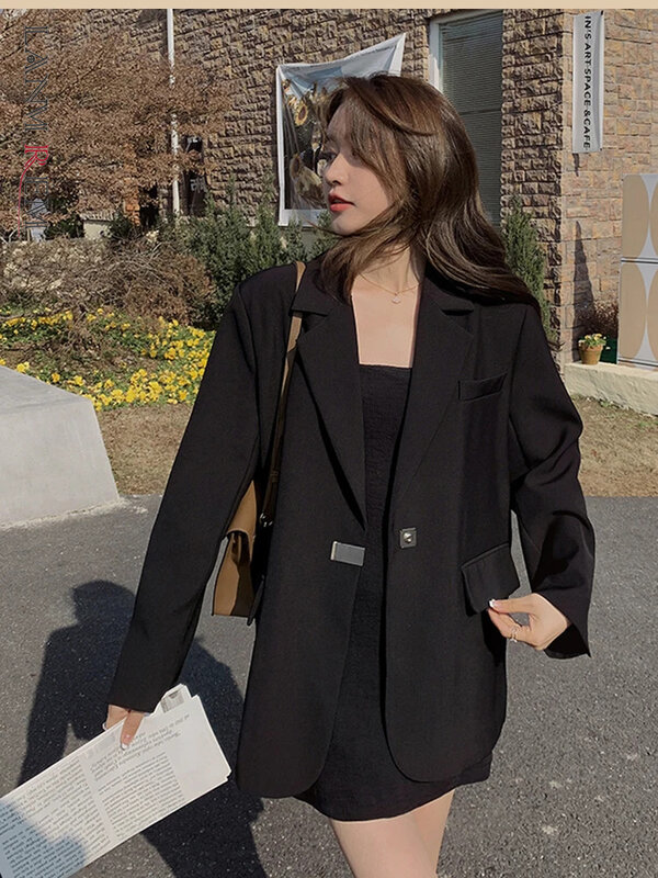 LANMREM gaya Korea Blazer untuk wanita berlekuk lengan panjang warna Solid kancing tunggal mode 2024 pakaian baru 2Z1199
