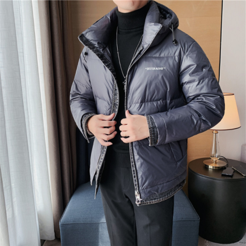 Zimowa ciepła moda męska odzież zagęszczona kurtka puchowa Denim łączenie Pure Color europejski i amerykański prosty płaszcz męski na co dzień