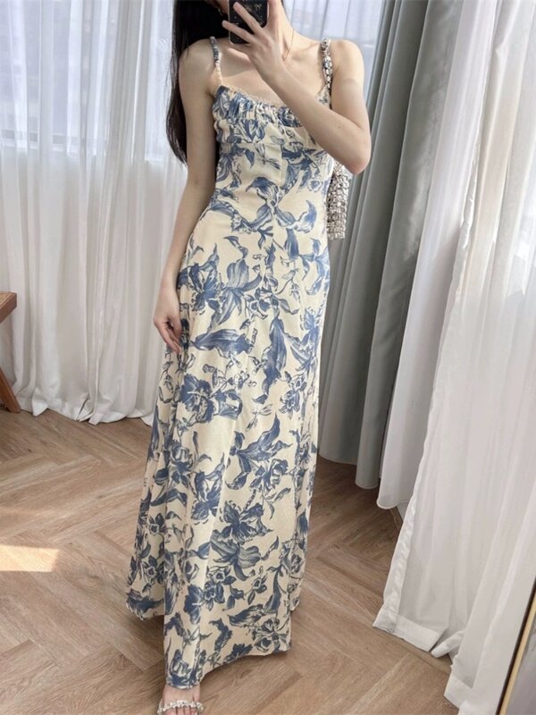 Damska szata z nadrukiem w kwiaty bez rękawów z odkrytymi ramionami eleganckie lato 2024 damska sukienka Midi