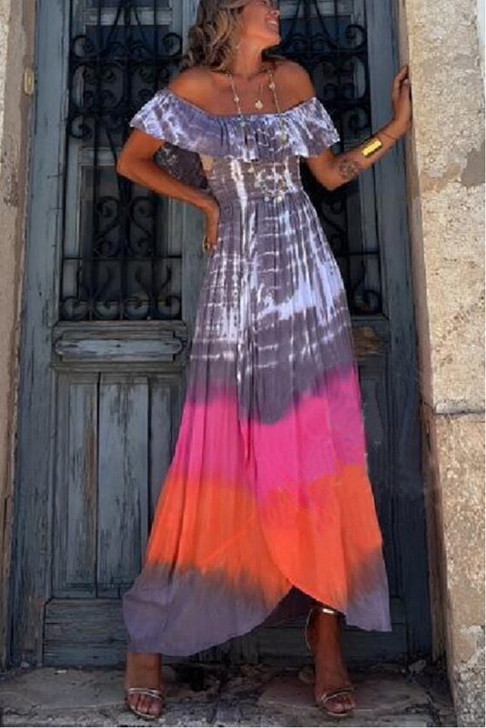Keluaran baru: Gaun wanita belahan Tie-Dye tanpa bahu-pakaian wanita modis untuk ekspor