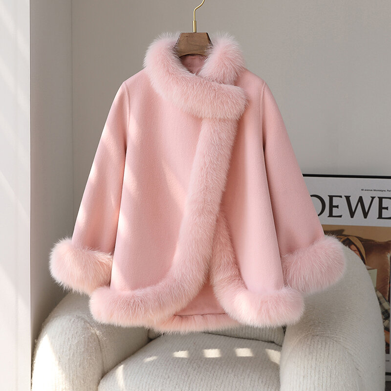 Pudi Women Genuine Wool Fur New Cloak Design Removable Fox Fur Collar Coat CT222