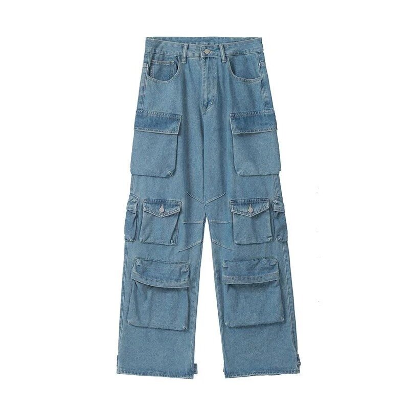 Jeans azul bolso retrô, calça casual americana de pernas largas, calça jeans de cintura alta, macacão lavado, simples e casual, Y2K