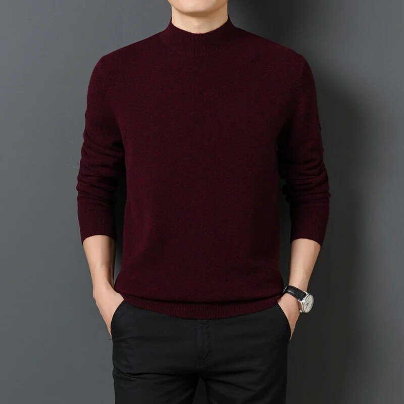 Sweater pulover lengan panjang pria, Sweater kerah panjang hangat nyaman warna polos