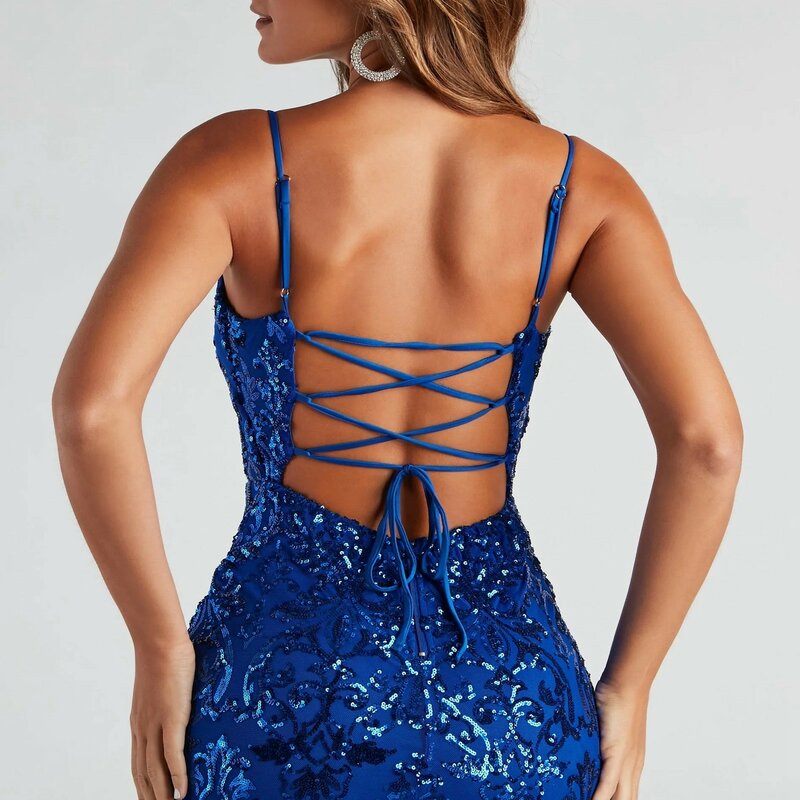 Gaun koktail untuk wanita 2024 tali Spaghetti gaun pesta malam Prom gaun klub malam bermanik payet berkilau leher persegi