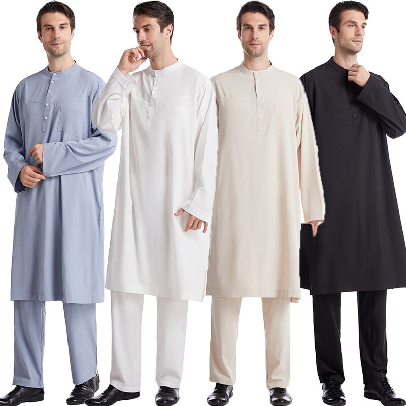 2 stücke Männer Saudi Jubba Thobe Thoub Kaftan Dubai Arabisch Islamische Muslim Robe lange Hosen Set Abaya Kleid Dishdasha Herren Kleidung Anzug
