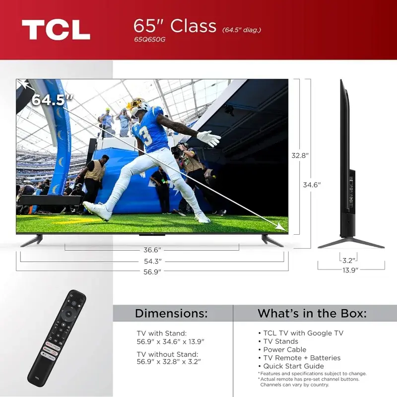 구글 스마트 TV, 돌비 비전, 애트모스, HDR 프로, 게임 가속기, 향상된 Gamin, TCL 65 인치 Q6 QLED 4K, 65Q650G, 2023 모델