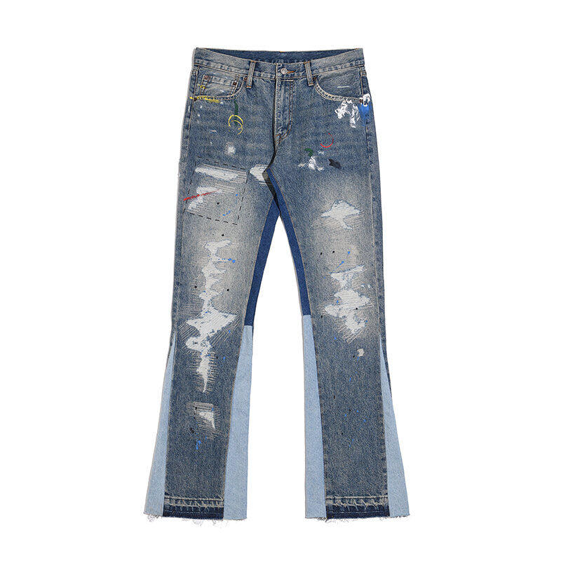 Celana Flare Jeans Sobek Perca Percikan Tinta Retro High Street Celana Denim Longgar Ukuran Besar Kasual Lurus Pria dan Wanita