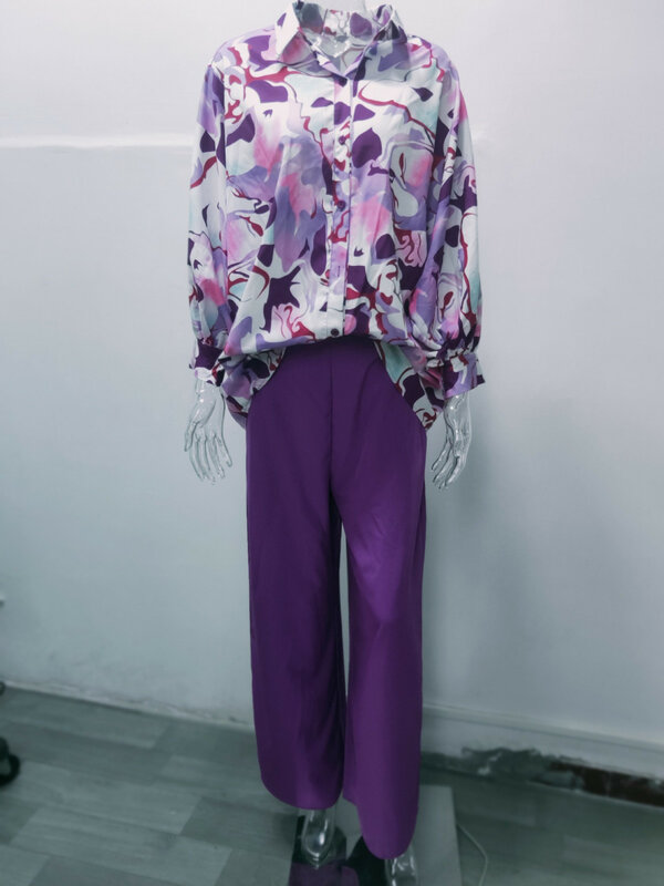 Conjunto casual estampado de duas peças feminino, camisa lapela, calças largas de cintura alta, macacões soltos, tamanho grande, na moda