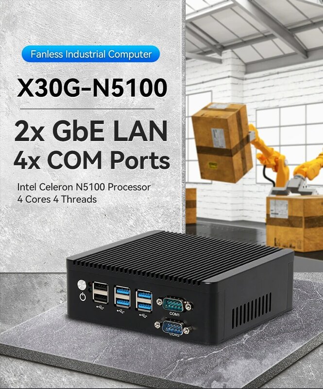Computador Industrial Fanless, Processador Intel Celeron, N5100 4x COM, RS232, RS485, Dual Gigabit, LAN incorporado, Mini PC, Linux Windows