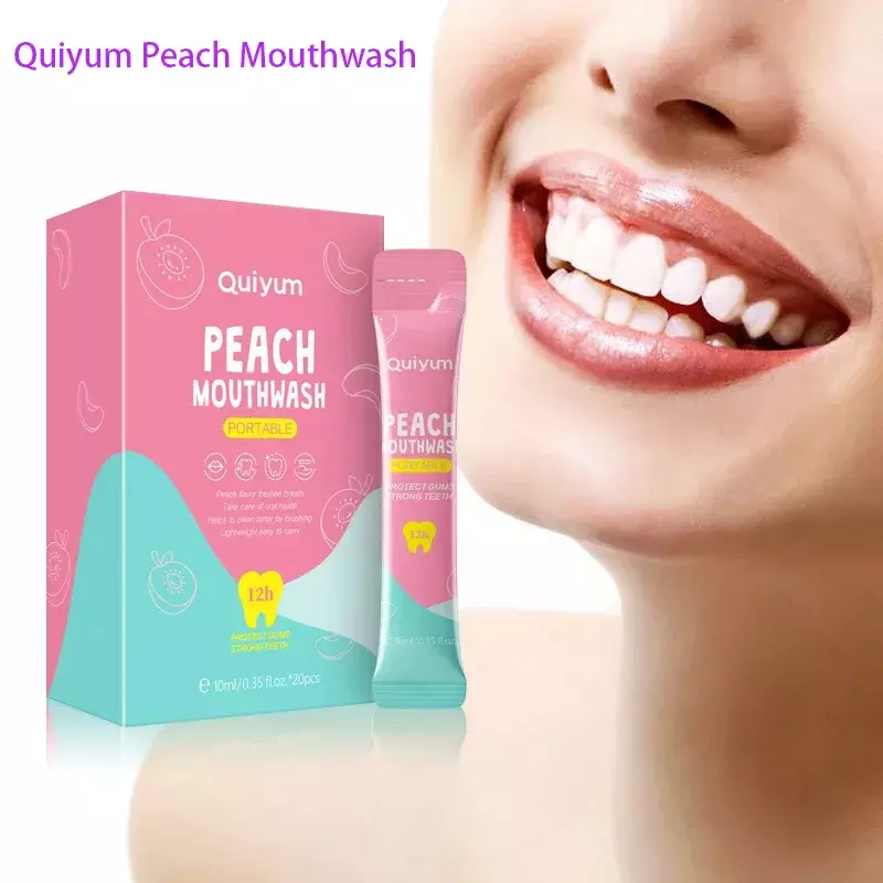 LAIKOU & QUIYUM brzoskwiniowy płyn do płukania ust odświeżający oddech oczyszcza usta długotrwały zapach pielęgnacja zębów 10ml * 20 szt