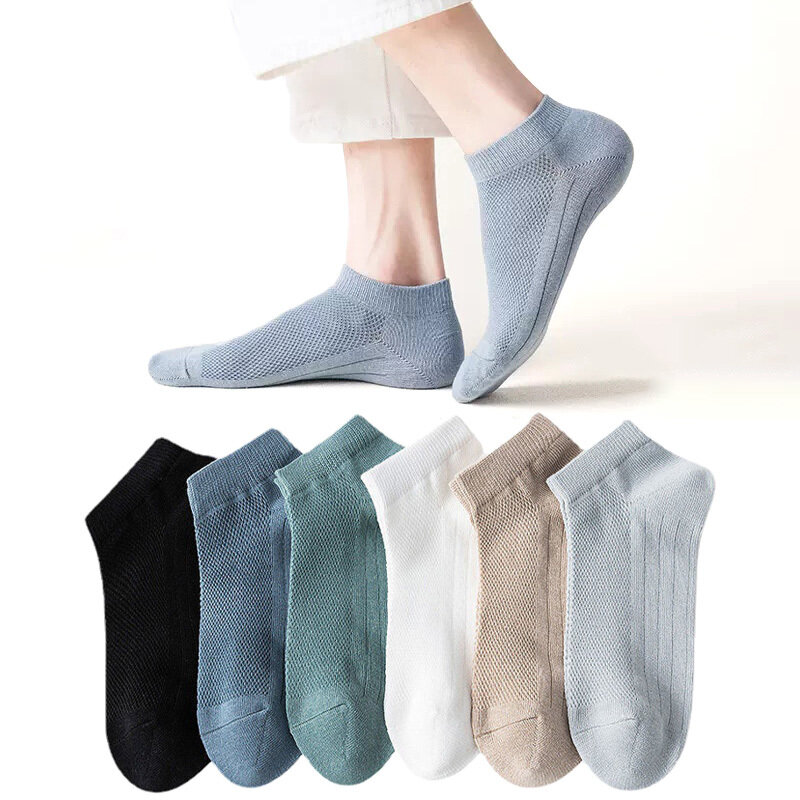 Calcetines tobilleros de malla de algodón para hombre, medias cortas transpirables finas, cómodas, de Color sólido, informales, de alta calidad, 5 pares