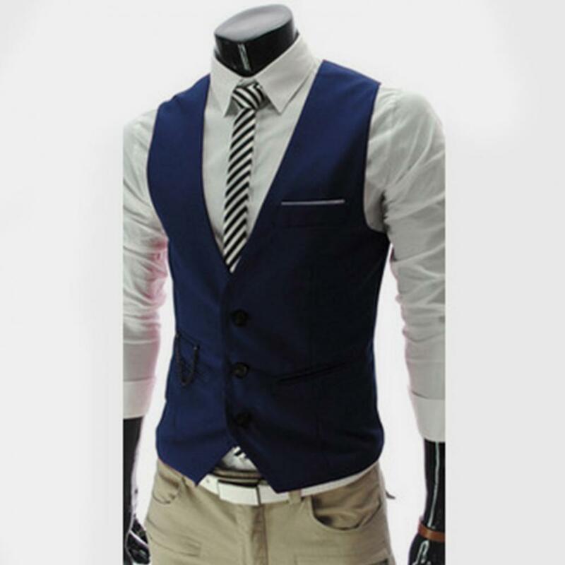 เสื้อกั๊กสูทสไตล์สไตล์อังกฤษสำหรับผู้ชายเสื้อกั๊กทางการกระดุมแถวเดียวทรงสลิมฟิตสำหรับนักธุรกิจ