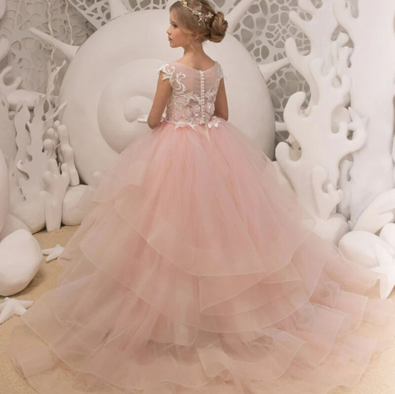 Элегантное Цветочное платье для девочки с оборками без рукавов с искусственной розовой аппликацией детское вечернее банкетное платье на день рождения Бальные платья для первого причастия