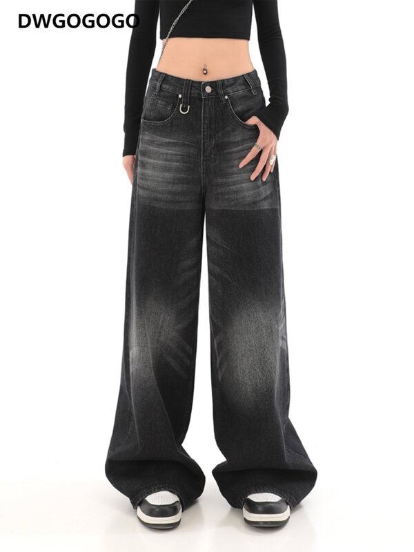 Jeans pretos largos para mulheres, vintage, grunge, cintura alta, calças jeans, perna larga, grandes dimensões, streetwear feminino, moda coreana, Y2k