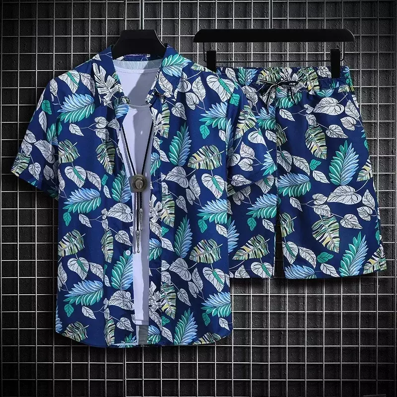 Summer Short Sleeve Flower Shirt Set Men's Beach T-Shirt Set Hawaii Island Style Handsome Casual Thin Shirt Hawaii Shirt