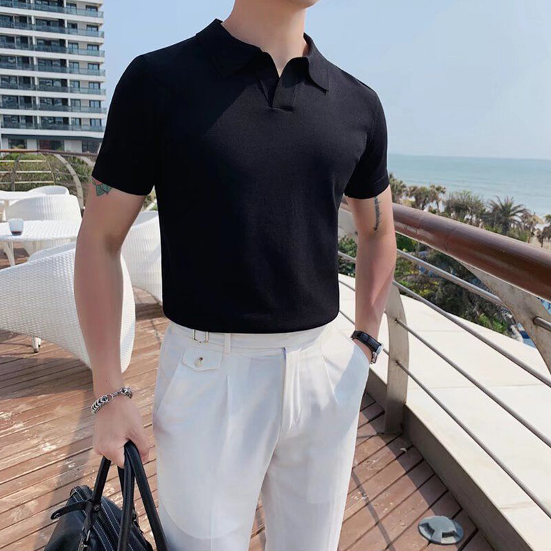 Summer Men Knitted V-neck Slim Polo Shirts Korean Clothing Streetwear Fashion New Short Sleeve Business Casual Versatile Tops