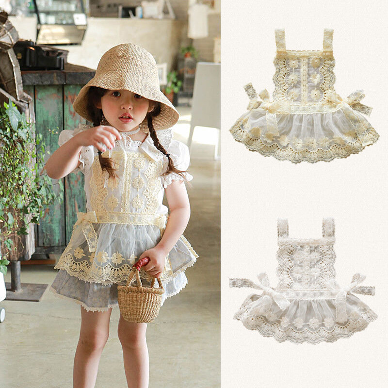 Children Clothing Kids Summer 2024 New Sweet Lace Mesh Embroidery Dress Cute Solid Color Casual Princess for Baby Girls
