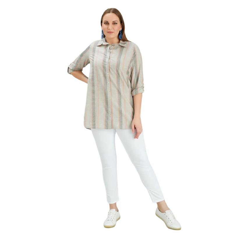 Fierte Women Plus Size Shirt Rg4528 Backpack Print Detail Folding Sleeve Line Pattern Spring Autumn Casual