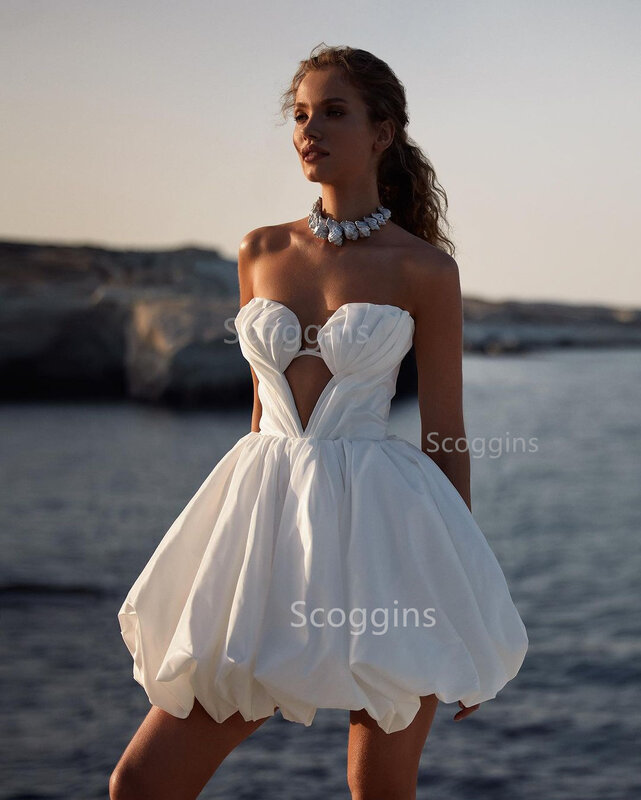 Gaun pernikahan Mini gaun pengantin tanpa lengan renda belakang sederhana Vestidos De Novia seksi lipatan gaun pengantin berongga garis