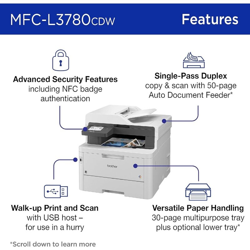Impresora Digital todo en uno inalámbrica, dispositivo de impresión todo en uno con salida de calidad láser, copia y escaneo dúplex de paso único, MFC-L3780CDW