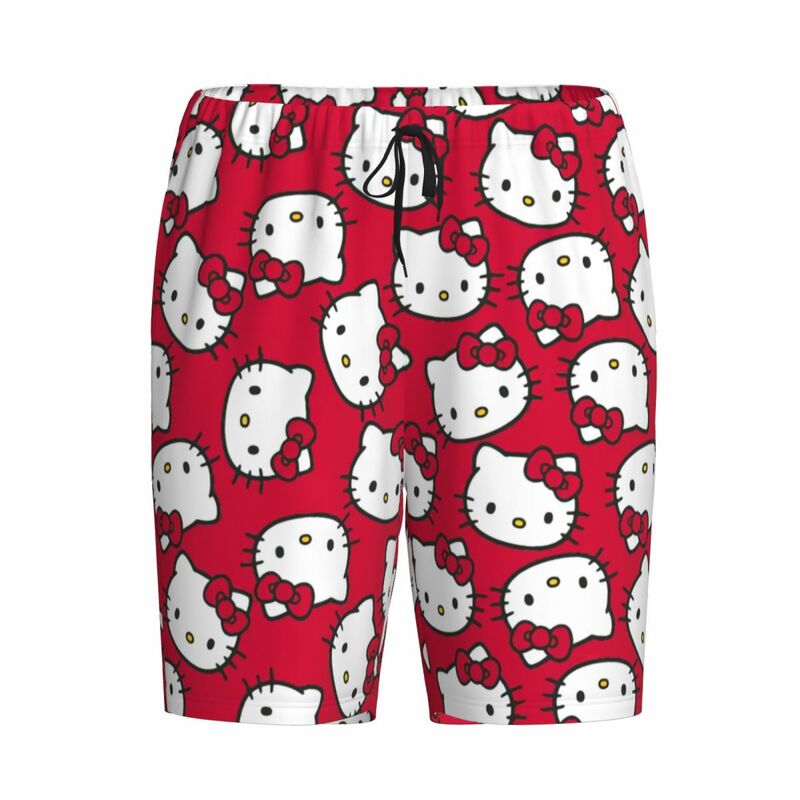 Custom Cartoon Anime Hello Kitty Bow Pajama Bottoms Men's Lounge Sleep Shorts Drawstring Sleepwear Pjs with Pockets