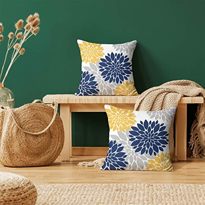 Granatowy, niebieski, żółty, poszewki na poduszki 2 sztuk, wiosna lato geometryczny elegancki Dahlia dekoracyjne poduszki