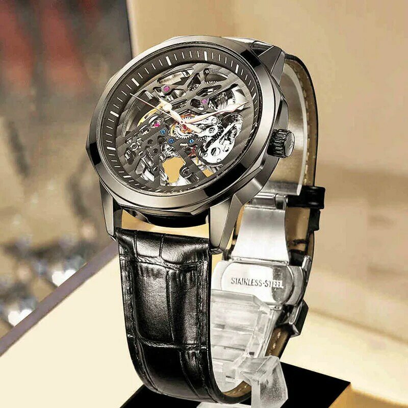 AILANG Luxury Brand Skeleton Automatic Mechanical Watch Mens Fashion Sports Men Watches Leather Strap Relogio Masculino
