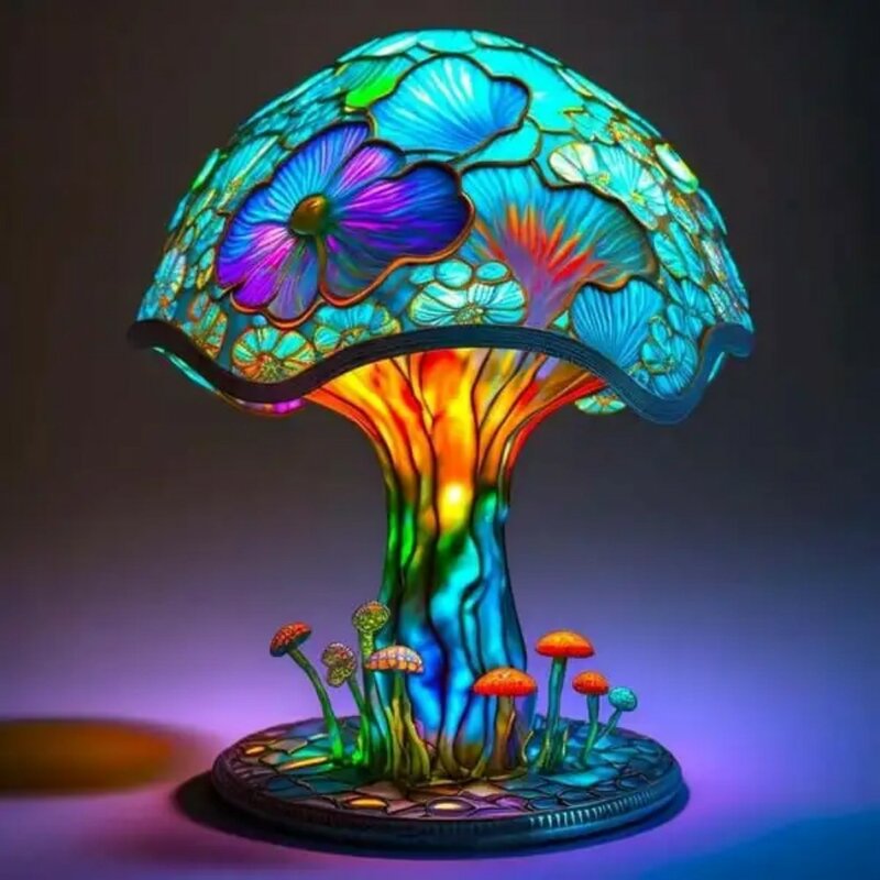 Creative Stained Glass Plant Series Table Lamp Flower Mushroom Snail Octopus Shaped Resin Retro Decor Table Lamp Night Light