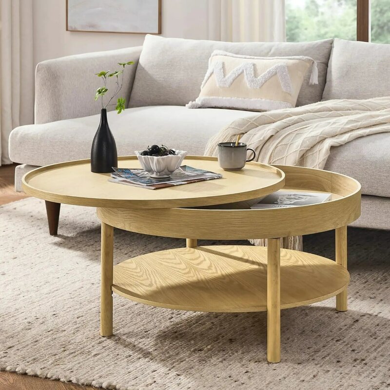 Niccae Circular Coffee Table, Modern Living Room Table with 3-Layer 31.5 Inch Storage Rotating Tabletop, 3-Layer Tea Table Made