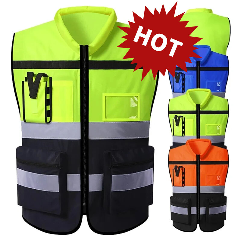 Chaleco de seguridad reflectante con logotipo personalizado, chaleco de construcción con bolsillos y cremallera, ropa de trabajo de dos tonos con reflectante