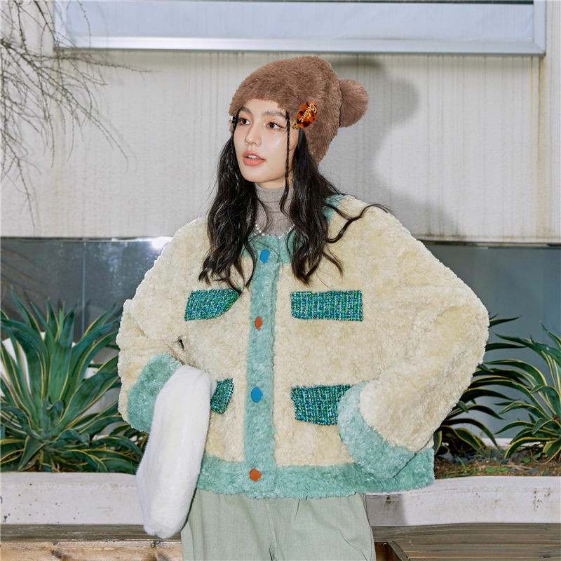 Casaco de lã de manga longa feminino com bolsos, jaquetas femininas de imitação de pele, gola redonda, casaco quente grosso, coréia, outono, inverno