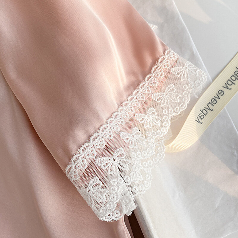 Милая однотонная кружевная Пижама, Женская атласная ночная рубашка, летняя Домашняя одежда с коротким рукавом, комплект из трех предметов, розовая Свободная Домашняя одежда