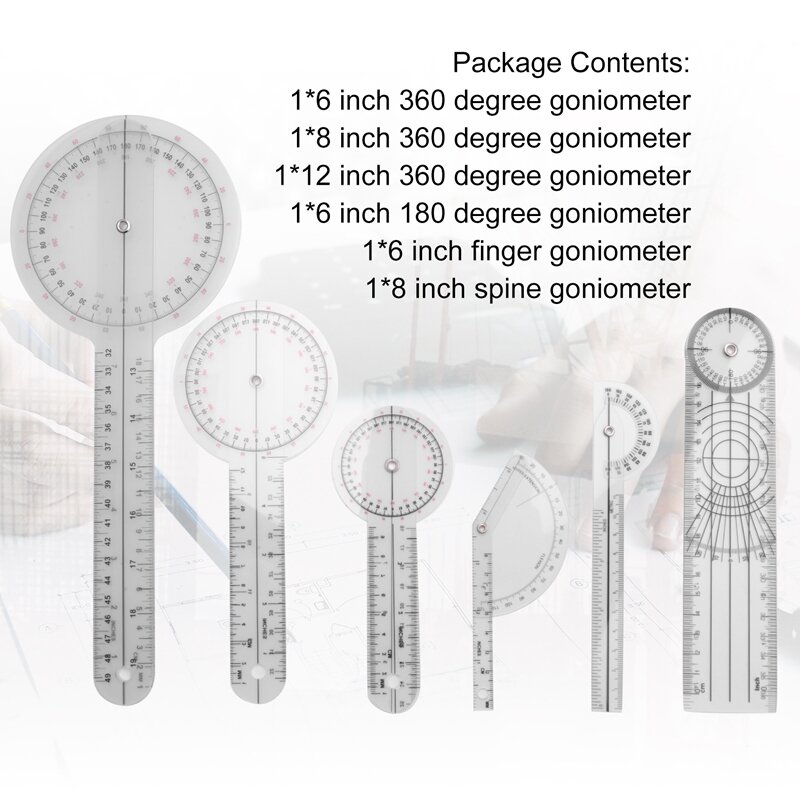 Gurgoniometer Protractors、Throwter、マルチ定規角度、180度、360度測定ツール、6個