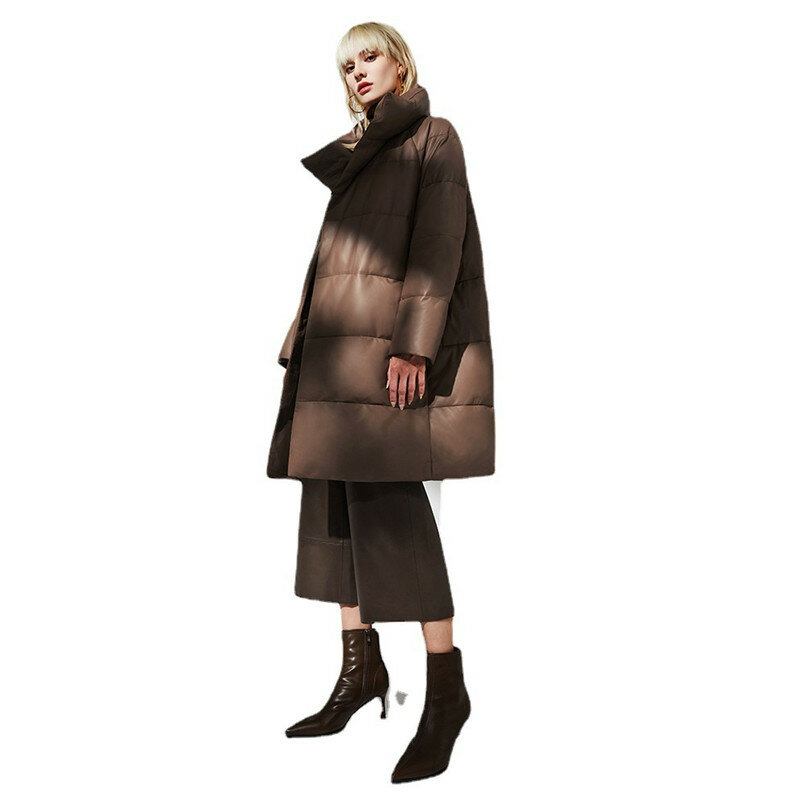 Jaket kulit lurus wanita setengah panjang, kerah berdiri, kulit domba alami, mode wanita, mantel hangat asli, musim dingin