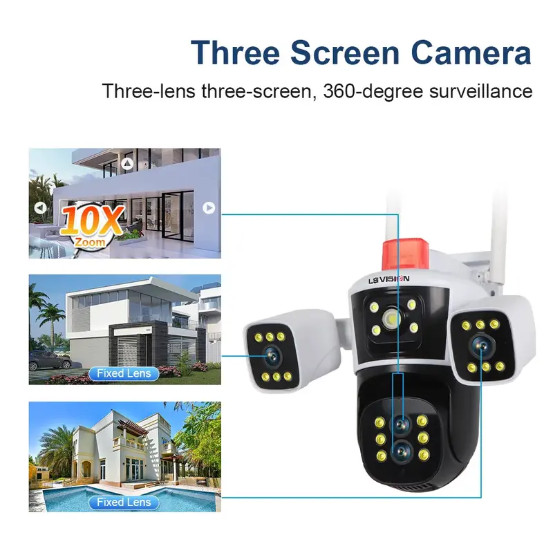 LS VISION 16MP 10-krotny zoom WiFi Kamera IP z trzema ekranami Zewnętrzna kamera 8K UHD PTZ z czterema obiektywami Automatyczne śledzenie człowieka Wodoodporna kamera bezpieczeństwa