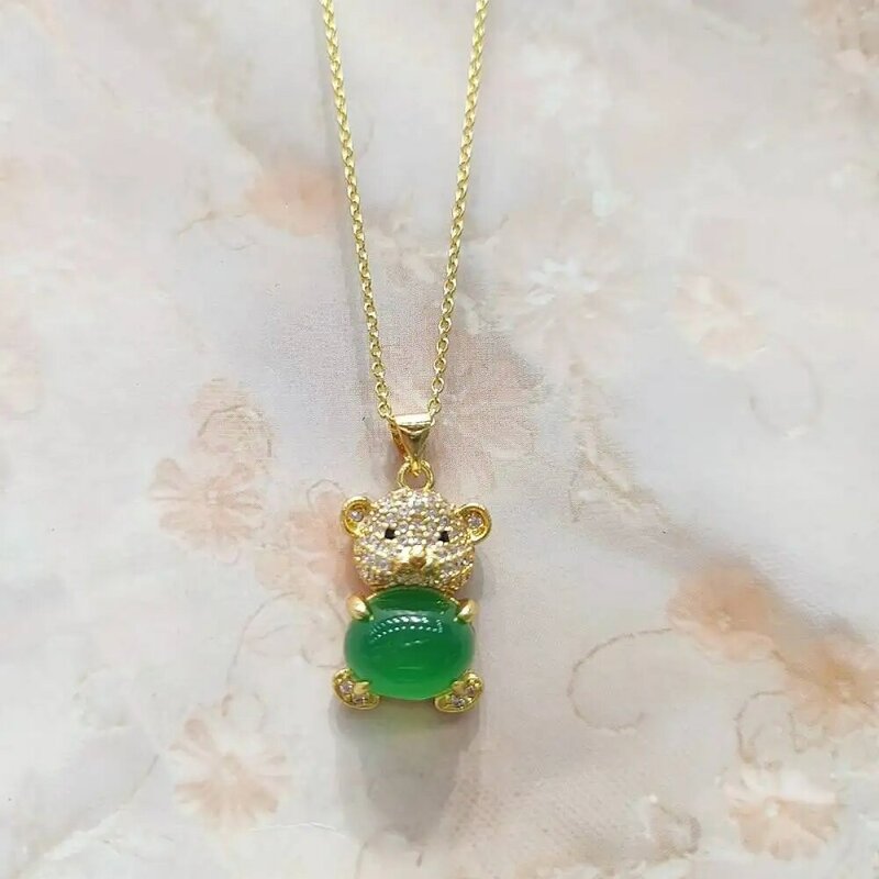 Copper Inlaid Chrysoprase pendants Natural Jade Chalcedony Bear Pendant Necklace Fashion Women Charms Jewellery Gifts