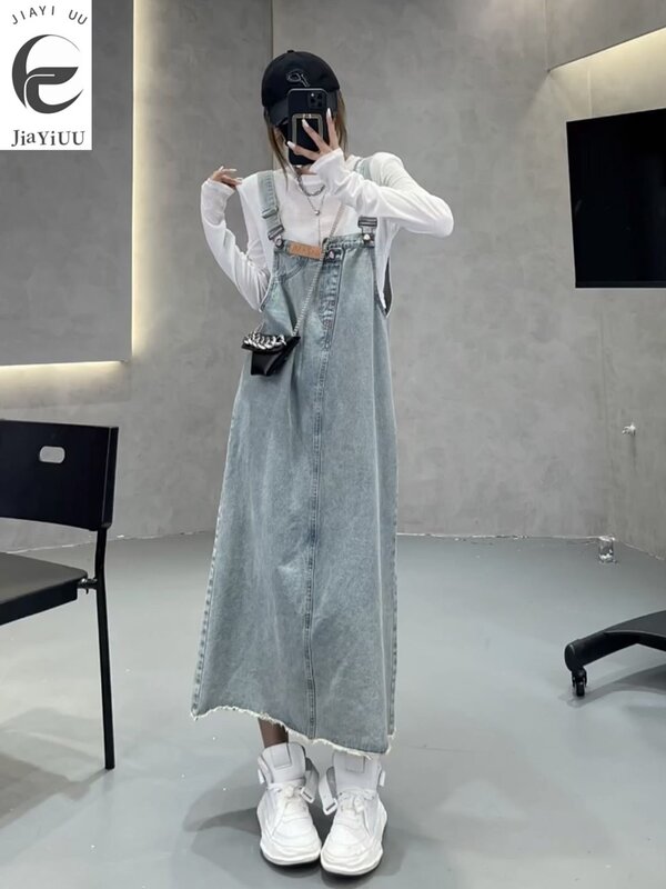Jumpsuit Denim versi Korea wanita, gaun kamisol pelangsing pinggang tinggi, longgar modis Musim Panas 2024