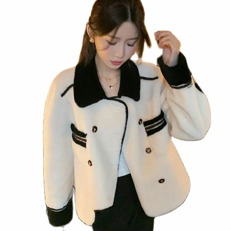Abrigo de piel sintética para mujer, abrigo corto de lana de cordero integrado, suelto, informal, versátil, moda coreana, Invierno