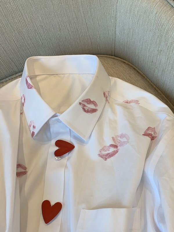 Deeptown-Chemisier imprimé rouge à lèvres pour femme, style coréen, chemise élégante, streetwear décontracté, boutons assortis, Harajuku