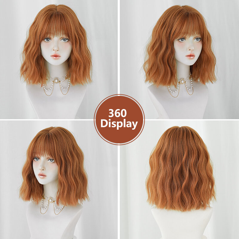 7jhh perucas-peruca lolita sintética, curto, ondulado, bob, alta densidade, solto, laranja, traje com franja fofa