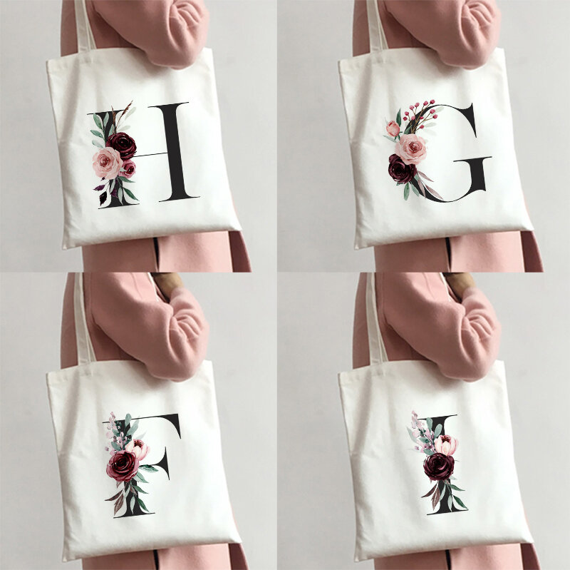 Flower Letter A-Z borsa a tracolla con stampa borsa a tracolla moda femminile borsa in tela bianca di grande capacità borsa da viaggio selvaggia borsa per la spesa da donna