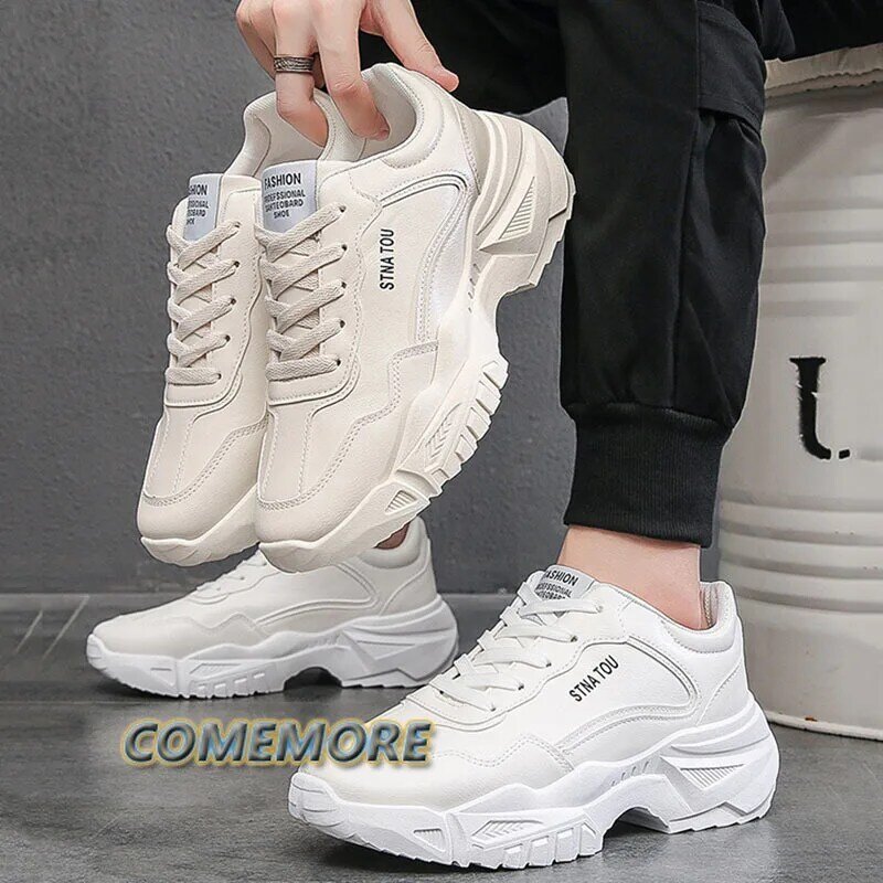 Chunky Sneakers Fashion Men Shoes White Casual Running Shoes Spring Male PU Platform Vulcanized Shoes Round Head Summer Lace-up