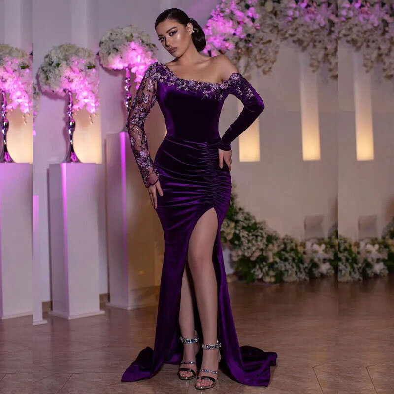 Gaun malam berlipat putri duyung ungu, gaun Formal bertatahkan Kereta Api lengan panjang untuk Prom belahan samping bahu terbuka