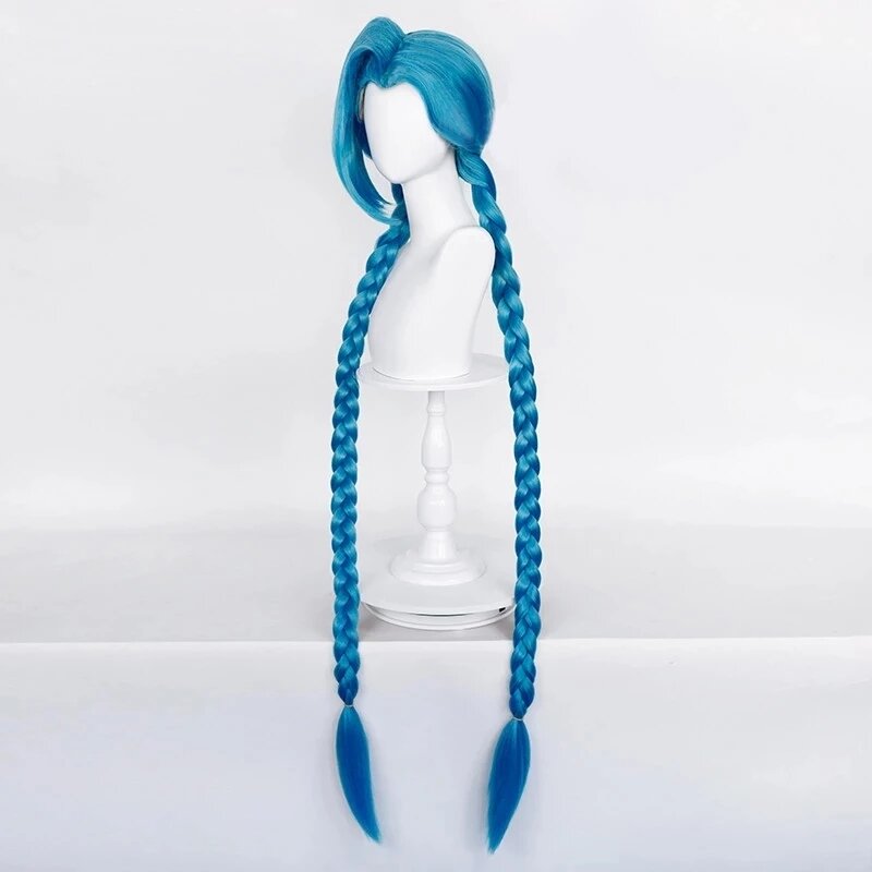 LOL Jinx Peluca de Cosplay larga trenzada azul, peluca de cañón suelto con trenza azul, pelucas de cabello sintético resistentes al calor + gorro de peluca